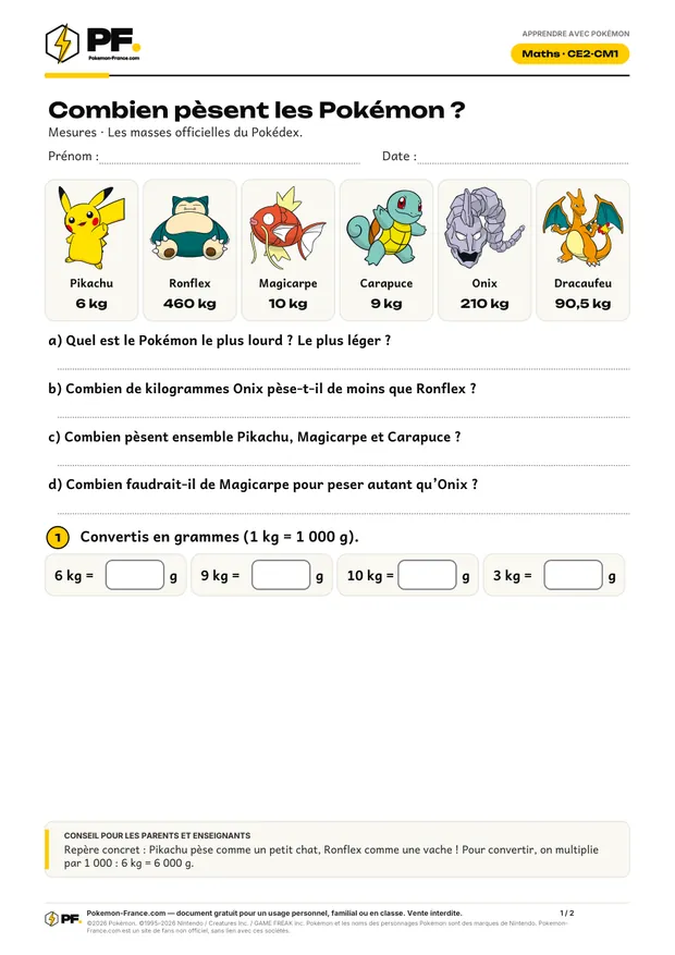 Aperçu de la première page : Combien pèsent les Pokémon ?