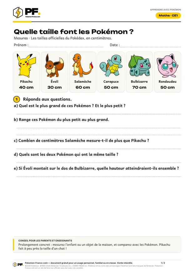 Fiche Pokémon « Quelle taille font les Pokémon ? » pour le CE1