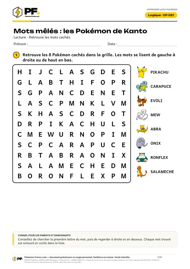 Aperçu de la première page : Mots mêlés : les Pokémon de Kanto