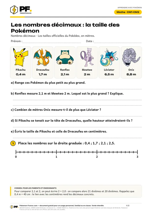 Aperçu de la première page : Les nombres décimaux : la taille des Pokémon