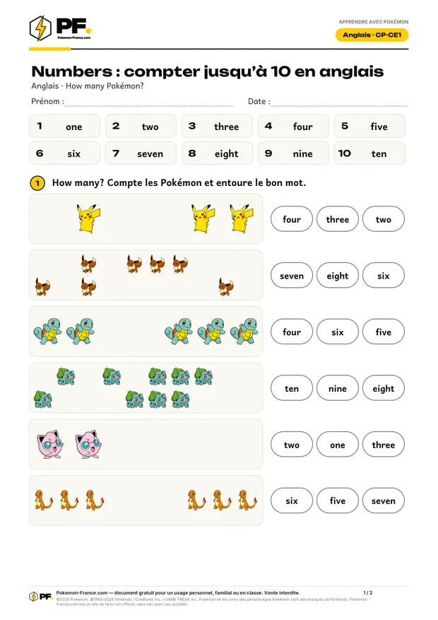Aperçu de la première page : Numbers : compter jusqu’à 10 en anglais