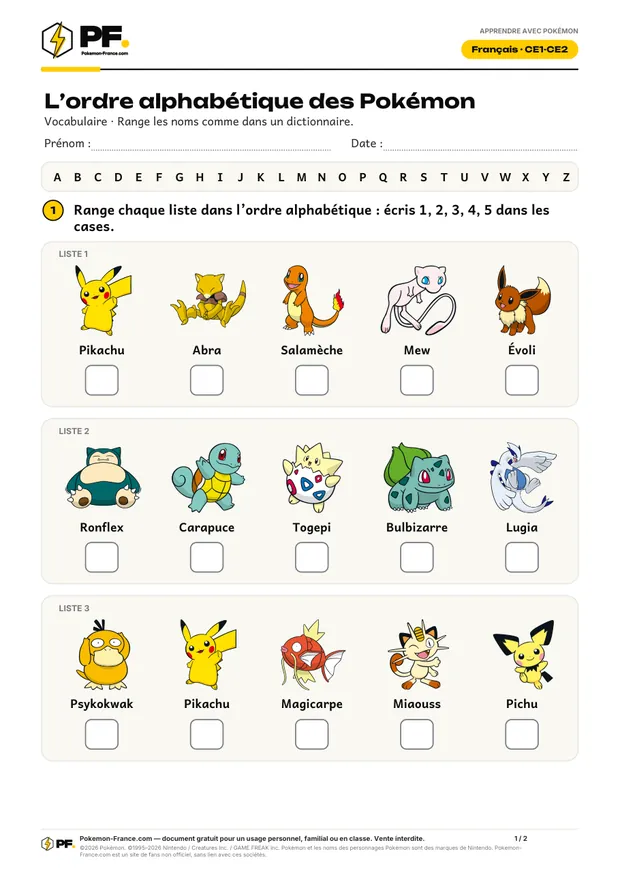 Aperçu de la première page : L’ordre alphabétique des Pokémon