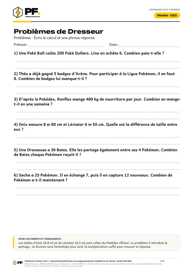 Aperçu de la première page : Problèmes de Dresseur