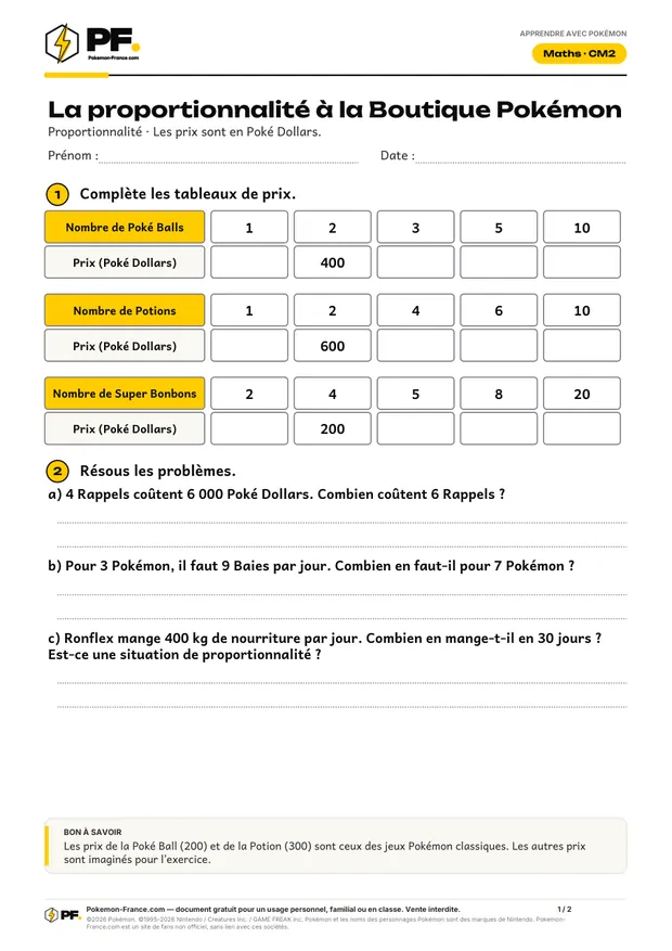 Aperçu de la première page : La proportionnalité à la Boutique Pokémon
