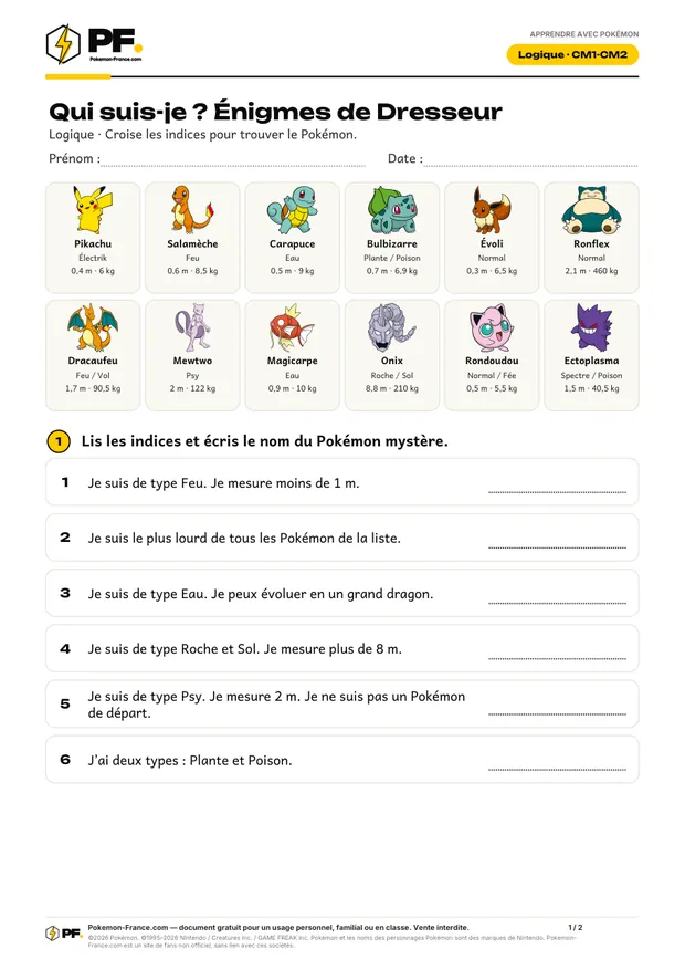 Aperçu de la première page : Qui suis-je ? Énigmes de Dresseur