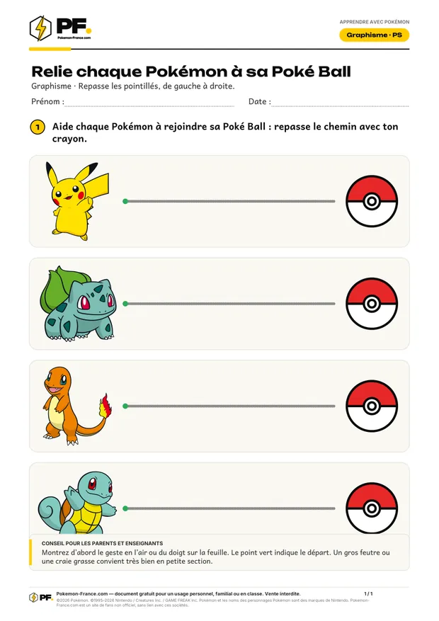 Aperçu de la première page : Relie chaque Pokémon à sa Poké Ball