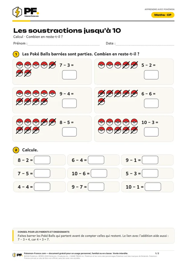 Aperçu de la première page : Les soustractions jusqu’à 10