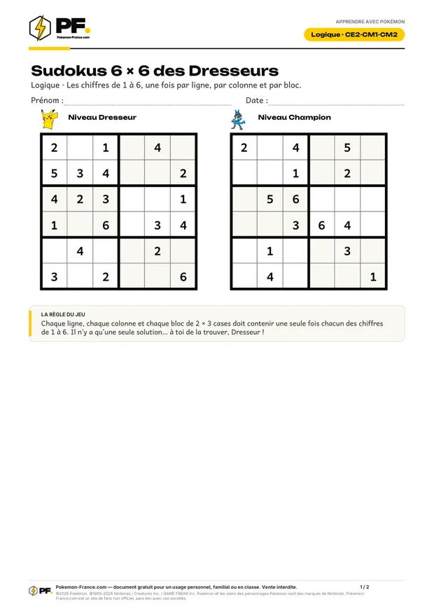 Aperçu de la première page : Sudokus 6 × 6 des Dresseurs