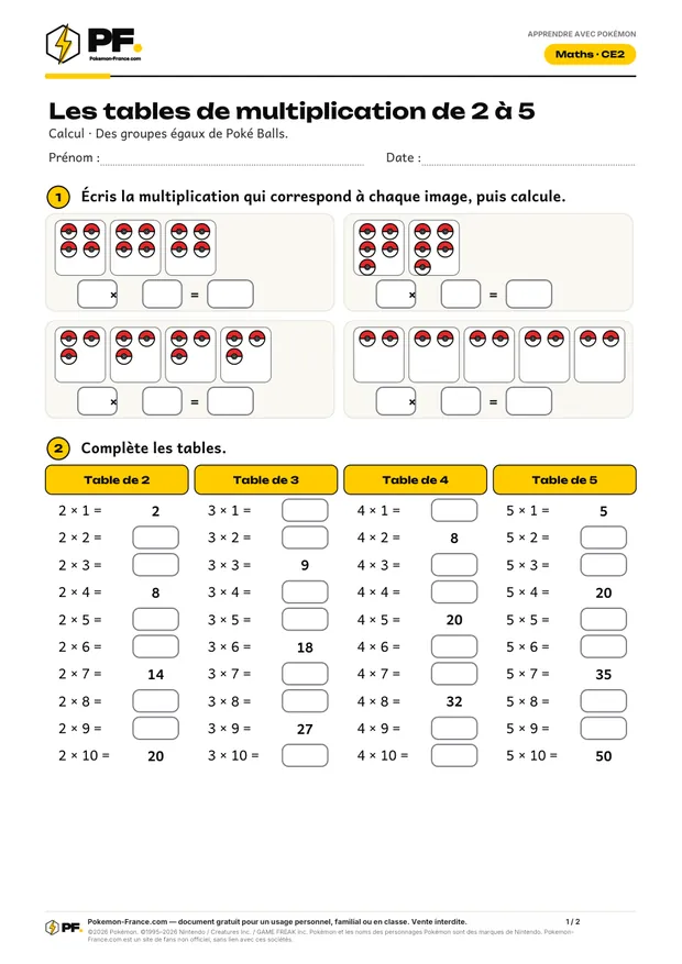 Aperçu de la première page : Les tables de multiplication de 2 à 5