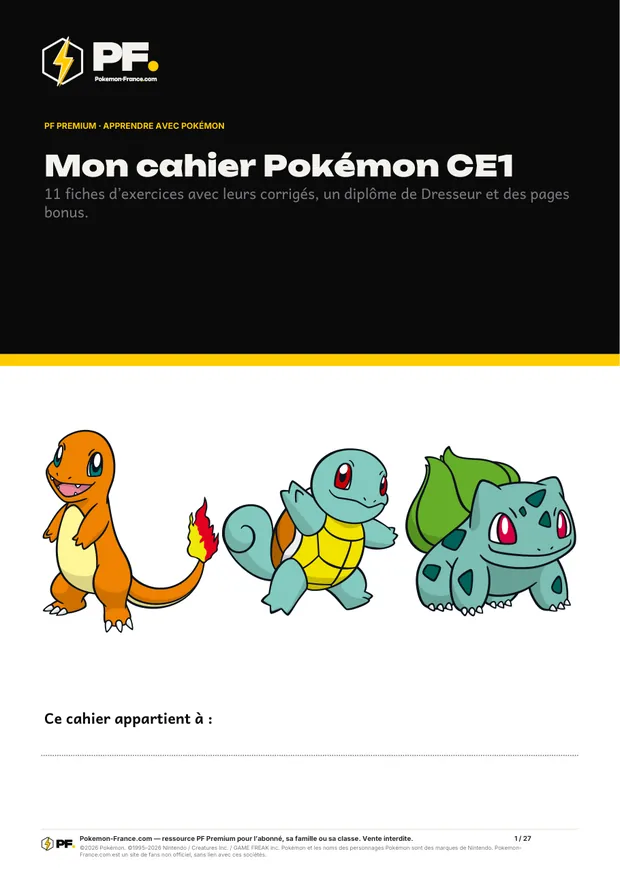 Aperçu de la première page : Mon cahier Pokémon CE1
