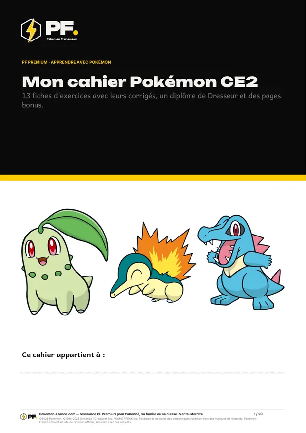 Aperçu de la première page : Mon cahier Pokémon CE2
