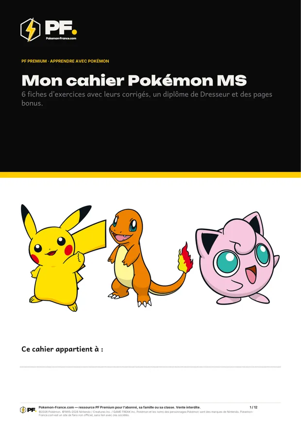 Aperçu de la première page : Mon cahier Pokémon MS