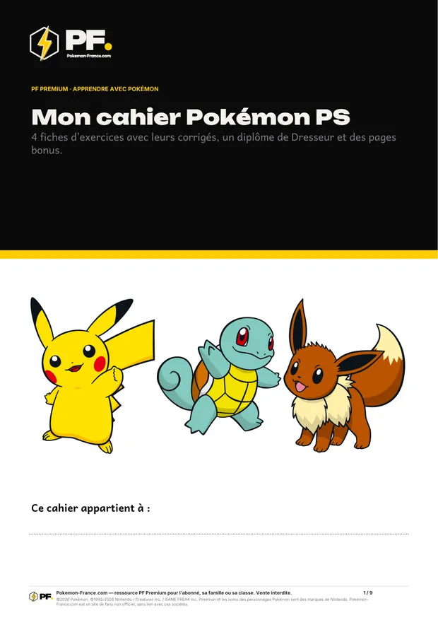 Aperçu de la première page : Mon cahier Pokémon PS