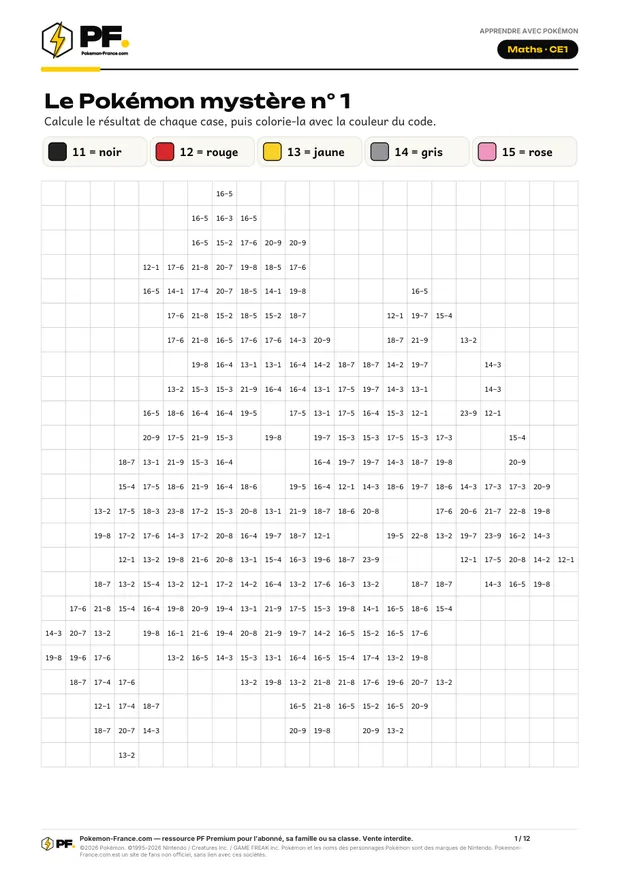 Aperçu de la première page : Coloriages magiques en pixel art : additions et soustractions (CE1)